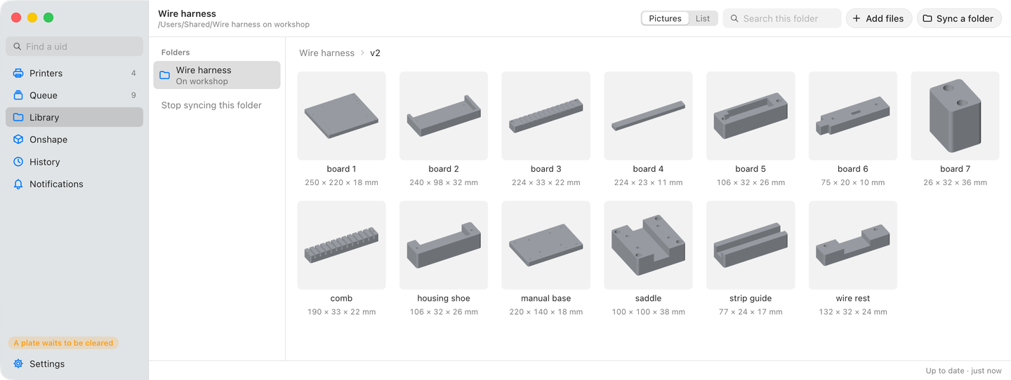 The Library: a watched folder of wire harness tooling, open at one of its folders, thirteen parts each drawn with its size.